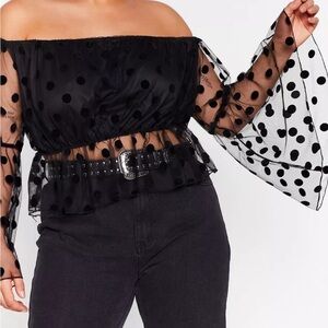 Sheer off the shoulder polka dot bell sleeve crop top